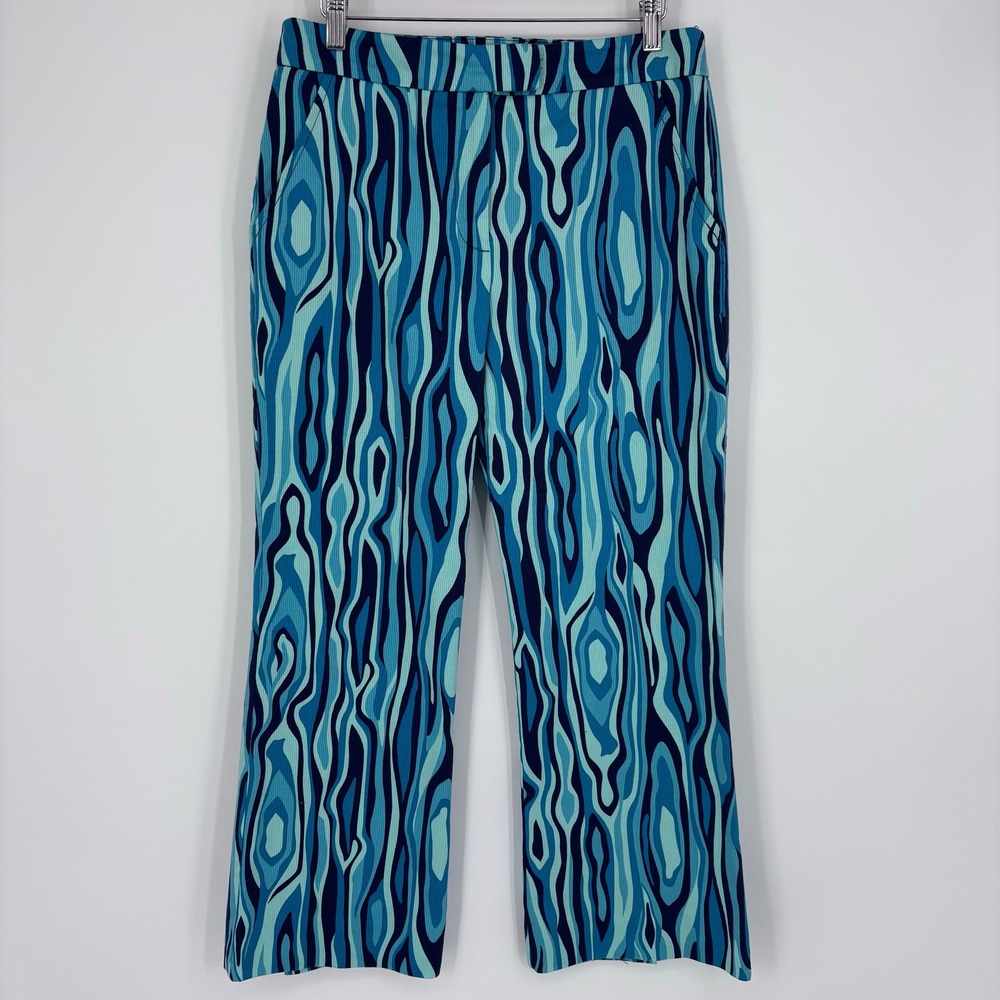 Trina Turk Carillo Pants Womens 6 Blue Geo Abstract Ribbed Vent Back Flair